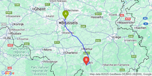 Map: Brussels Zaventem Airport (BRU) to Furfooz