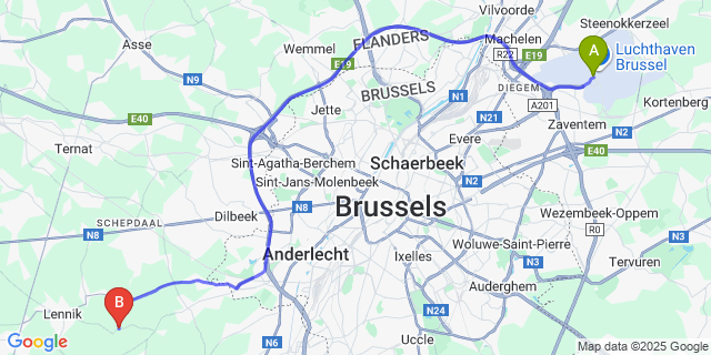 Map: Brussels Zaventem Airport (BRU) to Gaasbeek