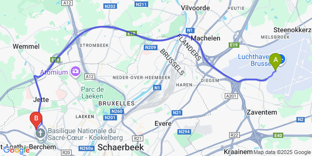 Map: Brussels Zaventem Airport (BRU) to Ganshoren