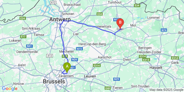 Map: Brussels Zaventem Airport (BRU) to Geel