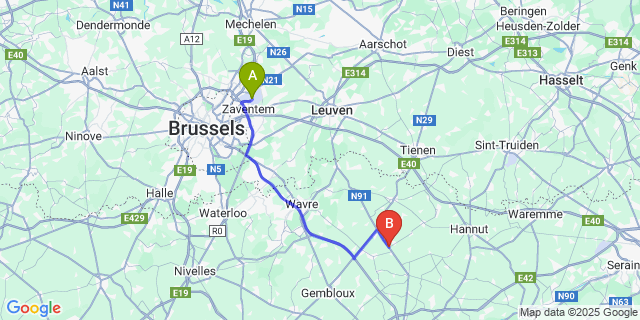 Map: Brussels Zaventem Airport (BRU) to Geest-Gerompont-Petit-Rosiere