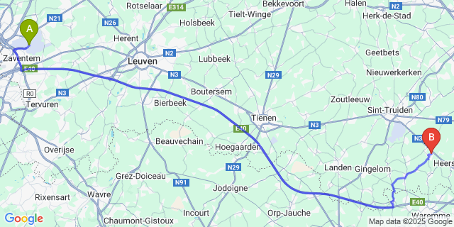 Map: Brussels Zaventem Airport (BRU) to Gelinden