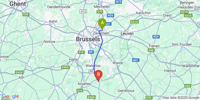 Map: Brussels Zaventem Airport (BRU) to Genappe