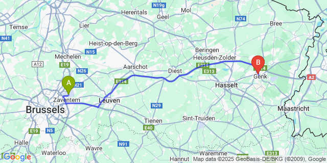 Map: Brussels Zaventem Airport (BRU) to Genk