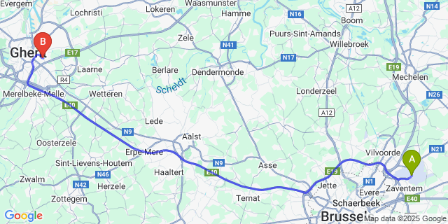 Map: Brussels Zaventem Airport (BRU) to Gentbrugge
