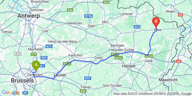 Map: Brussels Zaventem Airport (BRU) to Gerdingen
