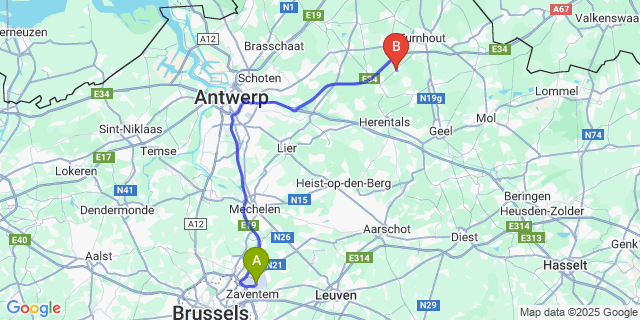 Map: Brussels Zaventem Airport (BRU) to Gierle