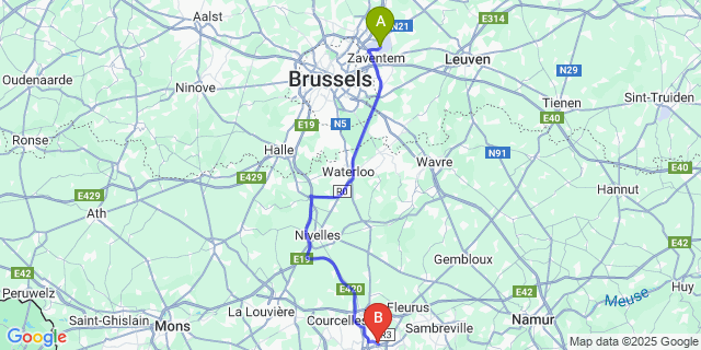 Map: Brussels Zaventem Airport (BRU) to Gilly