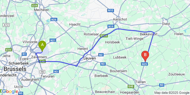 Map: Brussels Zaventem Airport (BRU) to Glabbeek