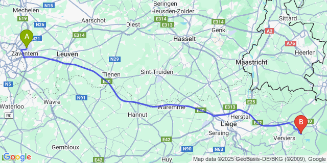 Map: Brussels Zaventem Airport (BRU) to Goé