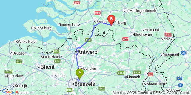Map: Brussels Zaventem Airport (BRU) to Goirle