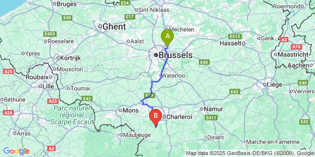 Map: Brussels Zaventem Airport (BRU) to Gozée