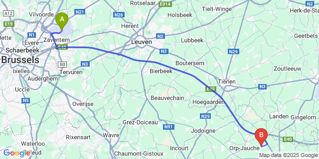 Map: Brussels Zaventem Airport (BRU) to Grand-Hallet