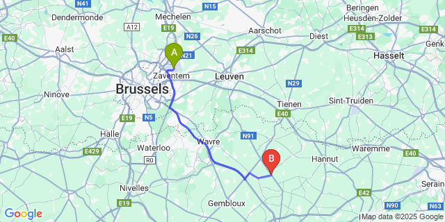 Map: Brussels Zaventem Airport (BRU) to Grand-Rosiere-Hottomont