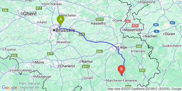 Map: Brussels Zaventem Airport (BRU) to Grandménil