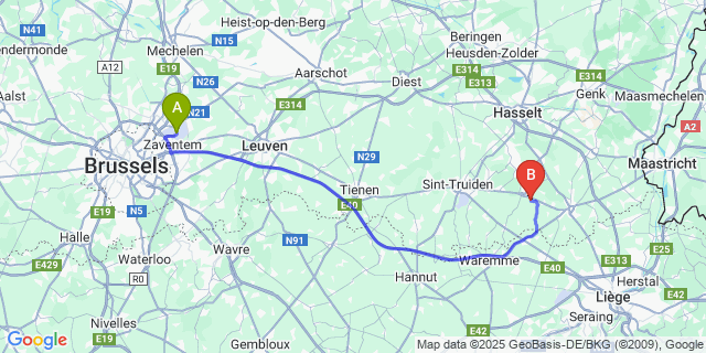 Map: Brussels Zaventem Airport (BRU) to Groot-Loon