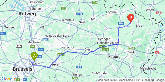 Map: Brussels Zaventem Airport (BRU) to Grote-Brogel