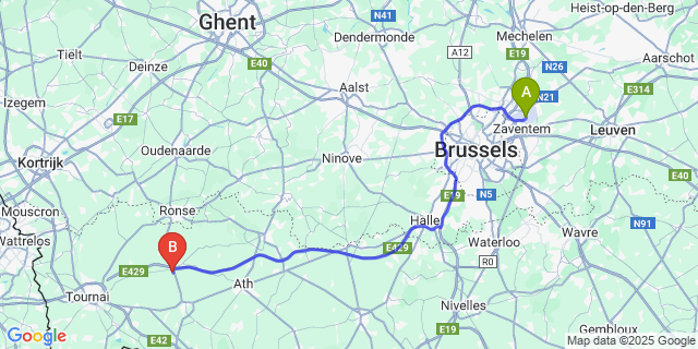 Map: Brussels Zaventem Airport (BRU) to Hacquegnies