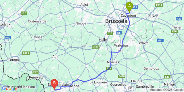 Map: Brussels Zaventem Airport (BRU) to Hainin