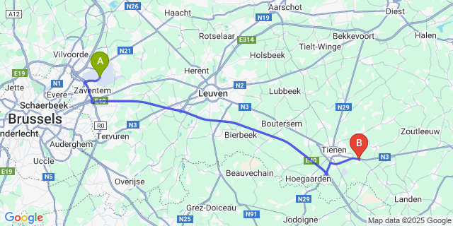Map: Brussels Zaventem Airport (BRU) to Hakendover