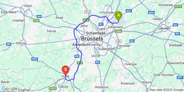 Map: Brussels Zaventem Airport (BRU) to Halle