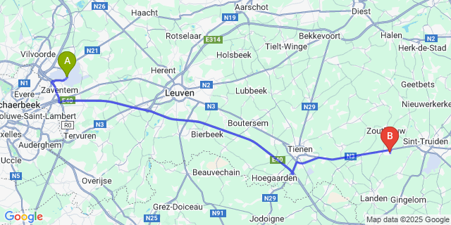 Map: Brussels Zaventem Airport (BRU) to Halle-Booienhoven