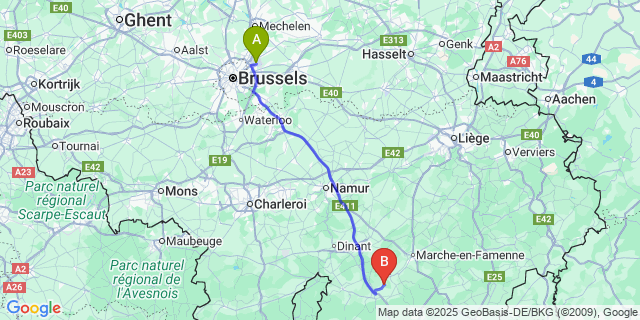 Map: Brussels Zaventem Airport (BRU) to Han-sur-Lesse