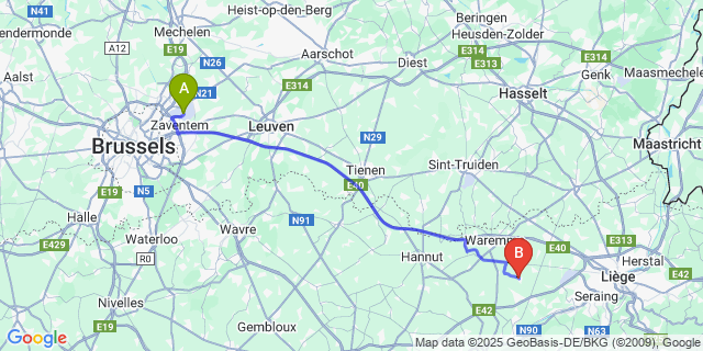 Map: Brussels Zaventem Airport (BRU) to Haneffe