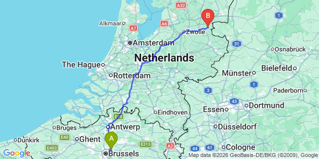 Map: Brussels Zaventem Airport (BRU) to Hardenberg