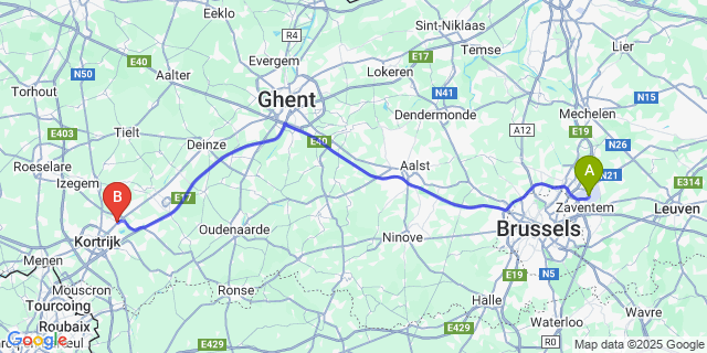 Map: Brussels Zaventem Airport (BRU) to Harelbeke