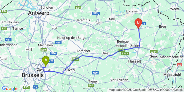 Map: Brussels Zaventem Airport (BRU) to Hechtel-Eksel