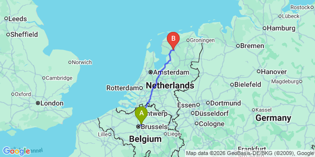 Map: Brussels Zaventem Airport (BRU) to Heerenveen