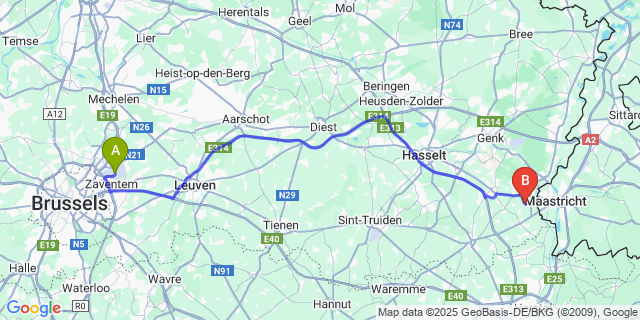 Map: Brussels Zaventem Airport (BRU) to Hees