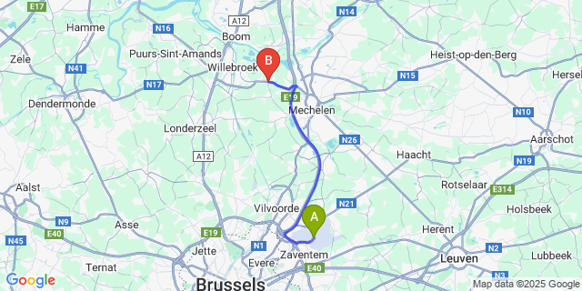 Map: Brussels Zaventem Airport (BRU) to Heffen