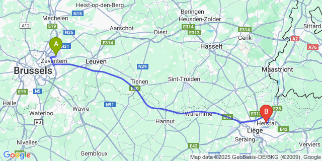 Map: Brussels Zaventem Airport (BRU) to Herstal
