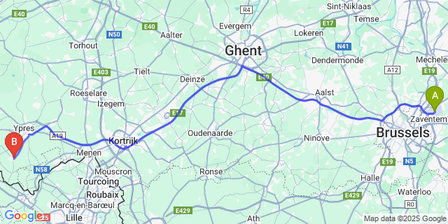 Map: Brussels Zaventem Airport (BRU) to Heuvelland