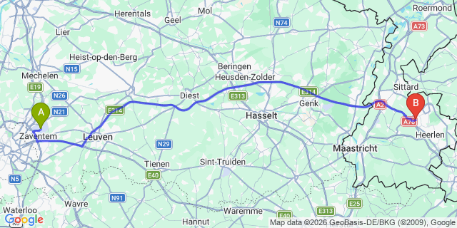 Map: Brussels Zaventem Airport (BRU) to Hoensbroek