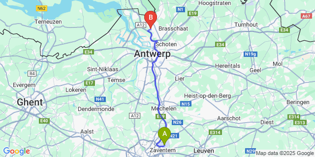 Map: Brussels Zaventem Airport (BRU) to Hoevenen