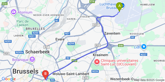 Map: Brussels Zaventem Airport (BRU) to Holiday Inn Brussels - Schuman, an IHG Hotel