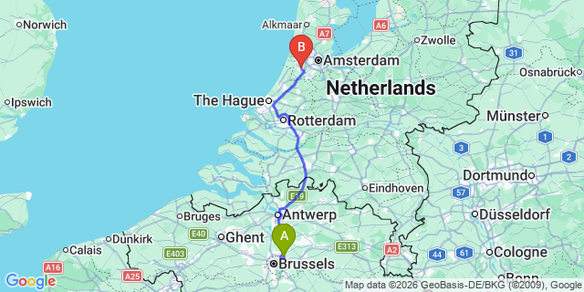 Map: Brussels Zaventem Airport (BRU) to Hoofddorp