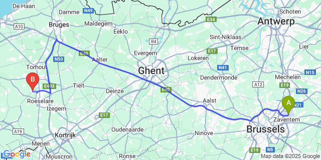 Map: Brussels Zaventem Airport (BRU) to Hooglede