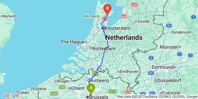Map: Brussels Zaventem Airport (BRU) to Hoorn