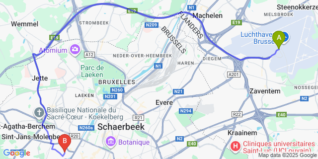 Map: Brussels Zaventem Airport (BRU) to Hostel Generation Europe, Brussels