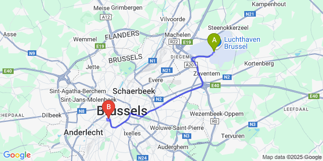 Map: Brussels Zaventem Airport (BRU) to Hotel Aviation, Brussels