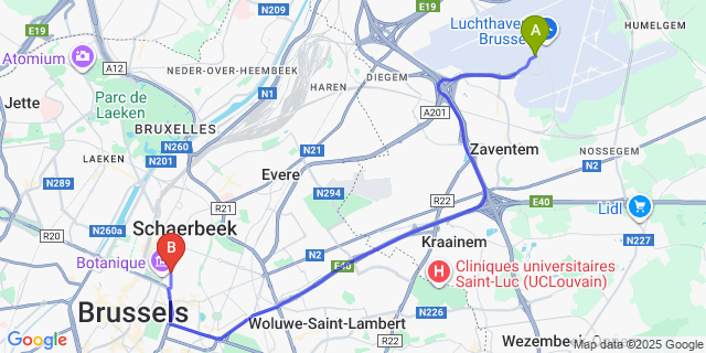 Map: Brussels Zaventem Airport (BRU) to Hotel Prestige, Brussels