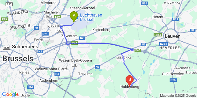 Map: Brussels Zaventem Airport (BRU) to Huldenberg