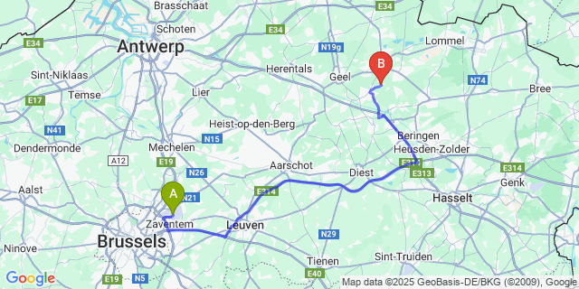 Map: Brussels Zaventem Airport (BRU) to Hulsen
