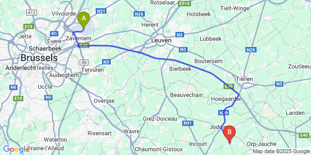 Map: Brussels Zaventem Airport (BRU) to Huppaye