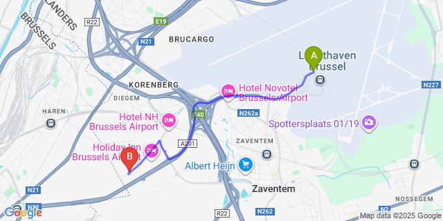 Map: Brussels Zaventem Airport (BRU) to ibis budget Brussels Airport
