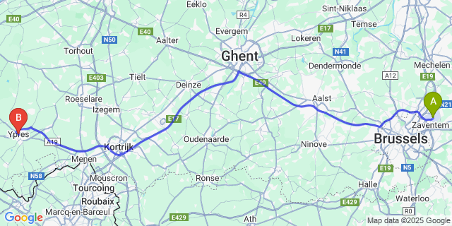 Map: Brussels Zaventem Airport (BRU) to Ieper
